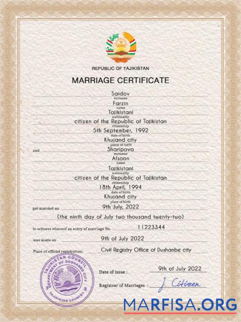 Printable Tajikistan marriage certificate PSD template